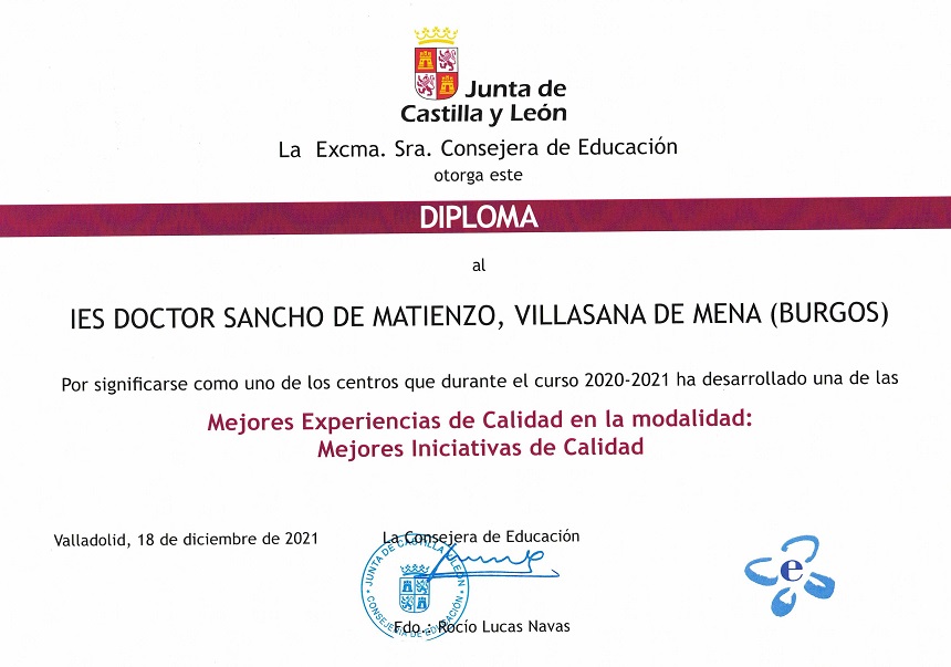 Diploma Premio Experiencia de Calidad 2021